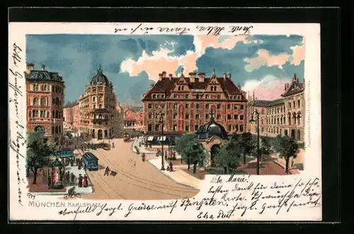 Künstler-AK München, Karlsplatz mit Pavillon und Strassenbahn