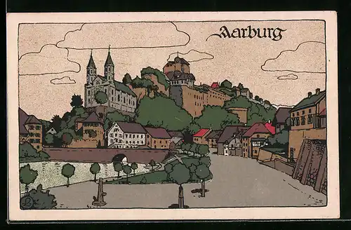 Steindruck-AK Aarburg, Strassenpartie mit Blick auf Schloss und Kirche