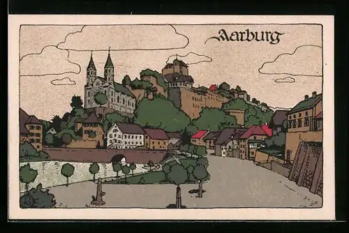 Steindruck-AK Aarburg, Strassenpartie mit Blick auf Schloss und Kirche