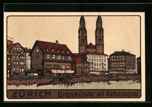 Steindruck-AK Zürich, Grossmünster mit Rathausquai