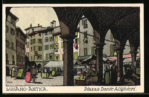Künstler-AK Lugano, Antica Piazza Dante Alighieri
