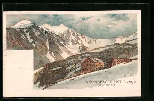 Künstler-AK Ernst Platz: Stubai, Nürnberger Hütte mit Umgebung