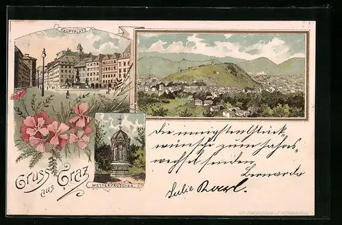 Lithographie Graz, Hauptplatz, Wetterhäuschen, Panoramablick auf die Stadt