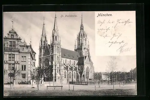 AK München, St. Paulskirche mit Strasse