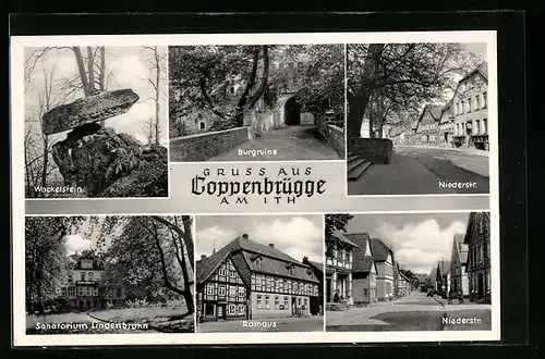 AK Coppenbrügge, Wackelstein, Burgruine, Niederstrasse, Sanatorium Lindenbrunn, Rathaus