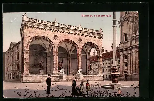 AK München, Kinder füttern Tauben vor der Feldherrnhalle