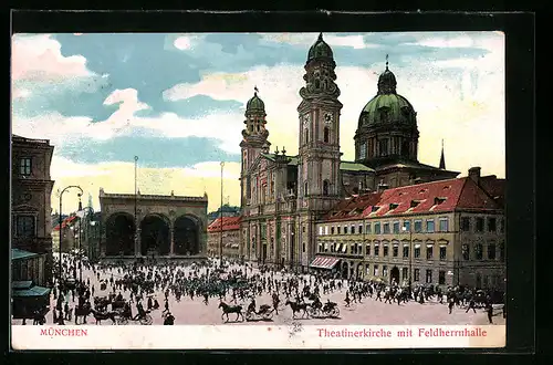 AK München, Theatinerkirche mit Feldherrnhalle, Soldatenkolonne, Pferdekutsche