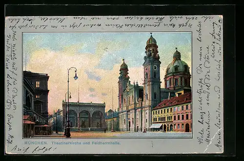 AK München, Theatinerkirche und Feldherrnhalle