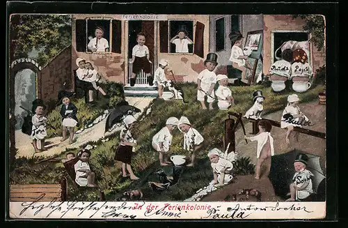 AK Kinder auf Nachttöpfen in der Ferienkolonie, Toilettenhumor