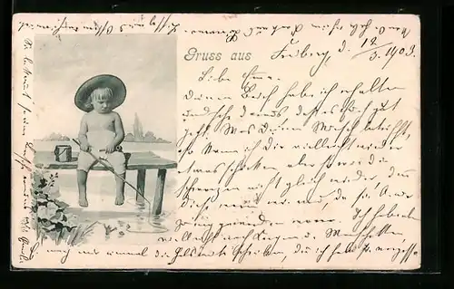 AK Kind mit Tabakspfeife beim Angeln