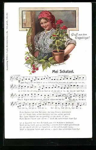 Künstler-AK Rudolf Schneider: Gruss aus dem Erzgebirge!, Mei Schatzel, Lied mit Noten