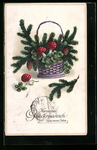 Künstler-AK Korb voller Kiefernzweige, mit Pilzen und Kleeblättern