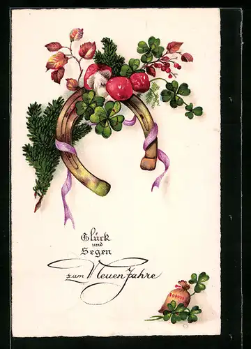 AK Viel Glück zum neuen Jahr mit Schwein und Hufeisen