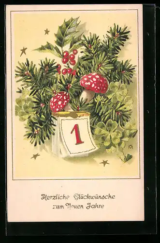 AK Tannenzweig mit Fliegenpilzen und Kalender, Neujahrsgruss