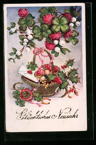 AK Fliegenpilze und Kuvert im Korb, Neujahrsgruss