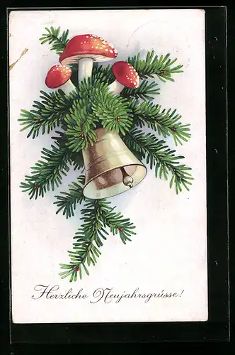 AK Tannenzweige mit Fliegenpilzen und Glocke, Neujahrsgruss