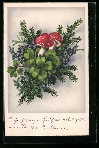 AK Fliegenpilze mit Kleeblättern auf einem Tannenzweig, Neujahrsgruss