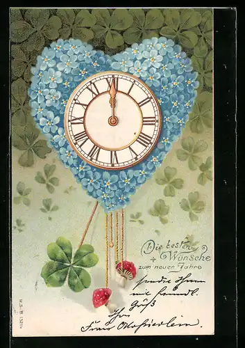 AK Blumenbild, Uhr gerahmt von einem Blumenherz