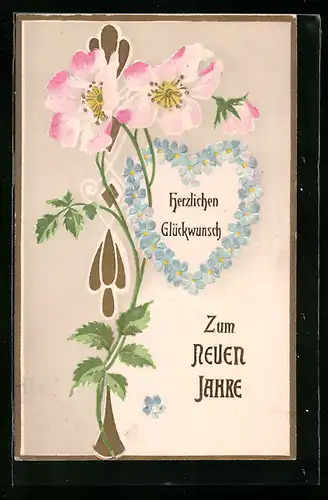 Präge-AK Herz aus Vergissmeinnicht, Neujahrsgruss, Blumenbild