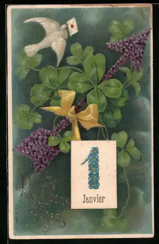 Präge-AK Pfeil aus Blumen und Brieftaube, Kalenderblatt 1. Januar