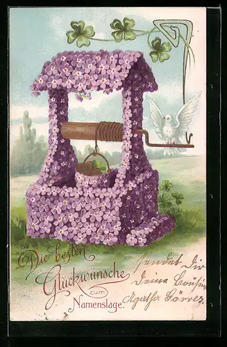 Präge-AK Brunnen aus Blumen mit weisser Taube, Glückwunsch zum Namenstag