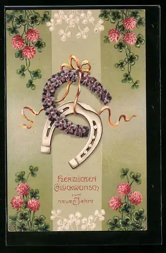 AK Hufeisen aus Blumen mit Hufeisen, Neujahrsgruss