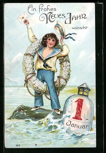 AK Neujahrsgruss, Matröschen mit Rettungsring aus Blumen