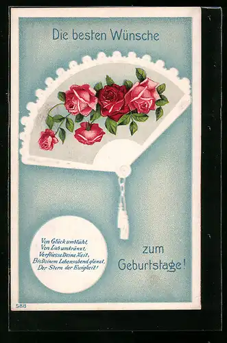 Präge-AK Fächer mit Rosen, Glückwunsch zum Geburtstag