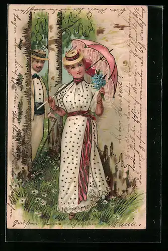 AK Junge Dame mit Schirm und Blumen, Pfingstgruss