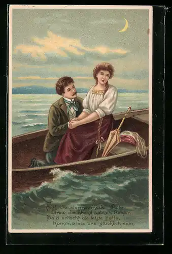 Präge-AK Herr und Dame mit Schirm im Boot bei Mondschein