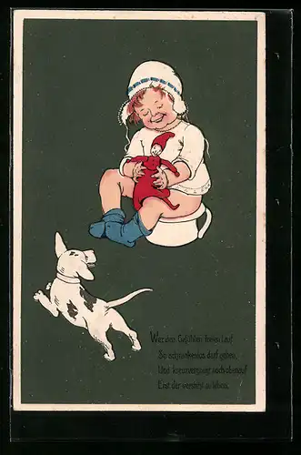 Künstler-AK Junge sitzt mit einem Kasper auf dem Töpfchen, Toilettenhumor