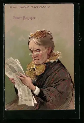 AK Die misstrauische Schwiegermutter liest Zeitung, frauenfeindlicher Humor