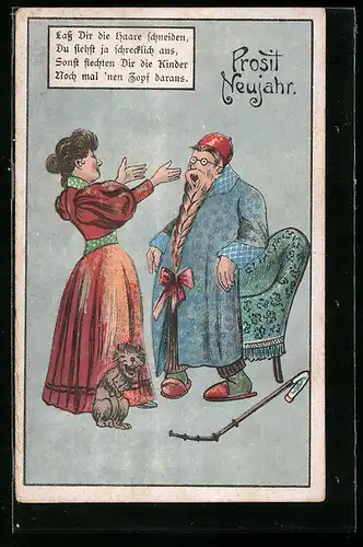 AK Alter mit zum Zopf geflochtenen Bart, Hund lacht sich schlapp