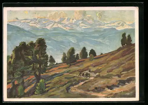 Künstler-AK Berglandschaft mit Mann und Pferd, Pro Juventute