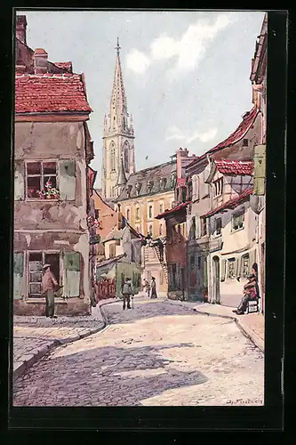 Künstler-AK Mulhouse, Rue de la Justice & Église Protestante St-Étienne