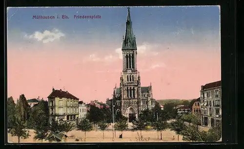 AK Mülhausen i. Els., Friedensplatz mit Kirche