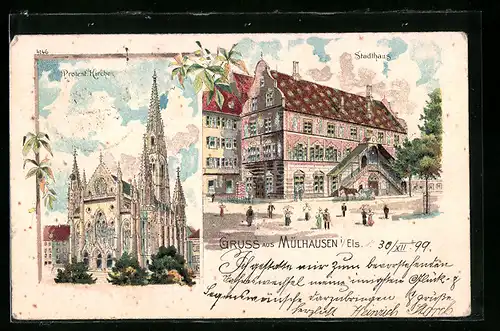 Lithographie Mülhausen i. Els., Stadthaus, Protestantische Kirche