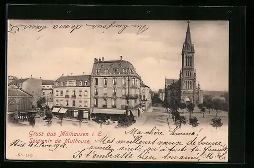 AK Mülhausen i. E., Teilansicht mit Kirche aus der Vogelschau