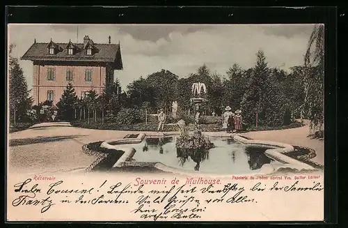 AK Mulhouse, Gartenpartie mit Springbrunnen und Häuschen