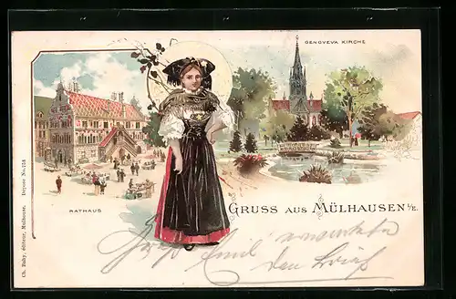 Lithographie Mülhausen, Genoveva Kirche, Rathaus, Mülhausenerin in Tracht