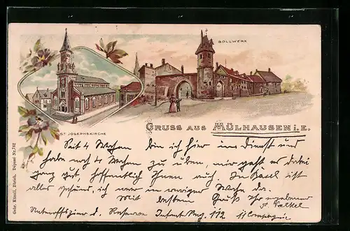 Lithographie Mülhausen i. E., Bollwerk und Josephskirche