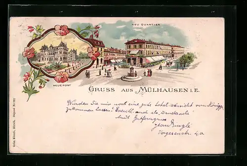 Lithographie Mülhausen i. E., Neue Post, Neu Quartier