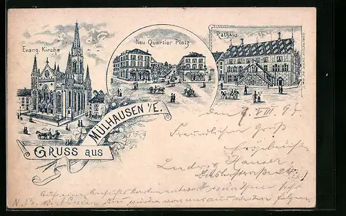 Lithographie Mülhausen i. E., Ev. Kirche, Neu-Quartier Platz, Rathaus
