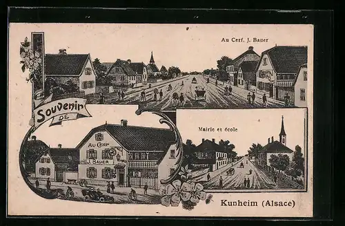 AK Kunheim /Alsace, Au Cerf Bauer, Mairie et Ecole