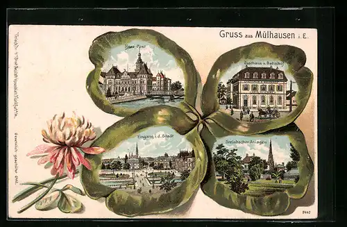 Kleeblatt-Lithographie Mülhausen i. E., Neue Post, Eingang zur Stadt, Gasthaus z. Bahnhof