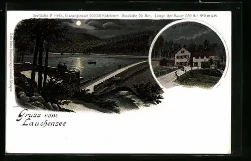 Lithographie Lauchensee, Gasthaus zum Lauchensee, Sperrmauer