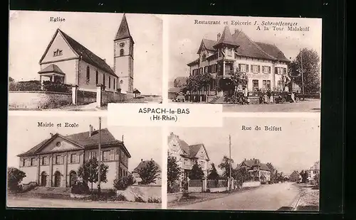 AK Aspach-les-Bas, Eglise, Rue de Belfort, Restaurant et Epicerie