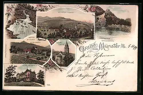 Lithographie Münster i. E., Hotel Münster, Evang. Kirche, Fischbödle Spitzenköpfe, Pachthof St. Gilgen, M. Pflixburg