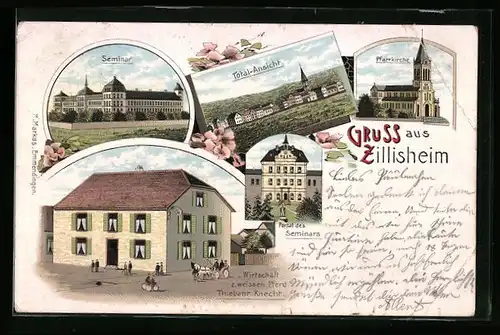 Lithographie Zillisheim, Gasthaus z. weissen Pferd, Seminar, Totalansicht