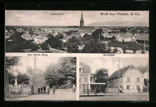 AK Pfastatt, Dorfplatz mit Bäckerei, Der hohle Berg, Totalansicht